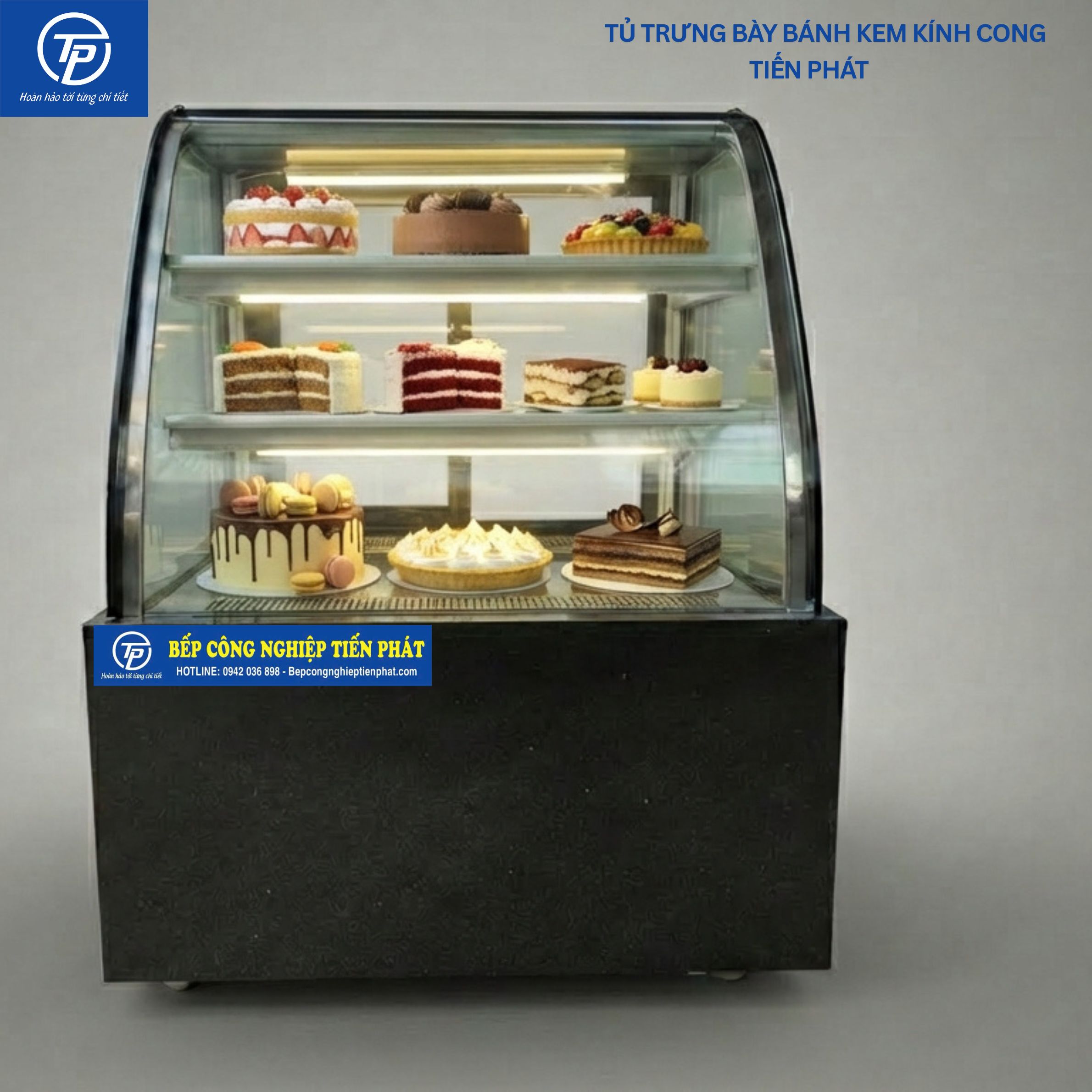 Tủ Trưng Bày Bánh Kem Kính Cong 3 Tầng 120cm